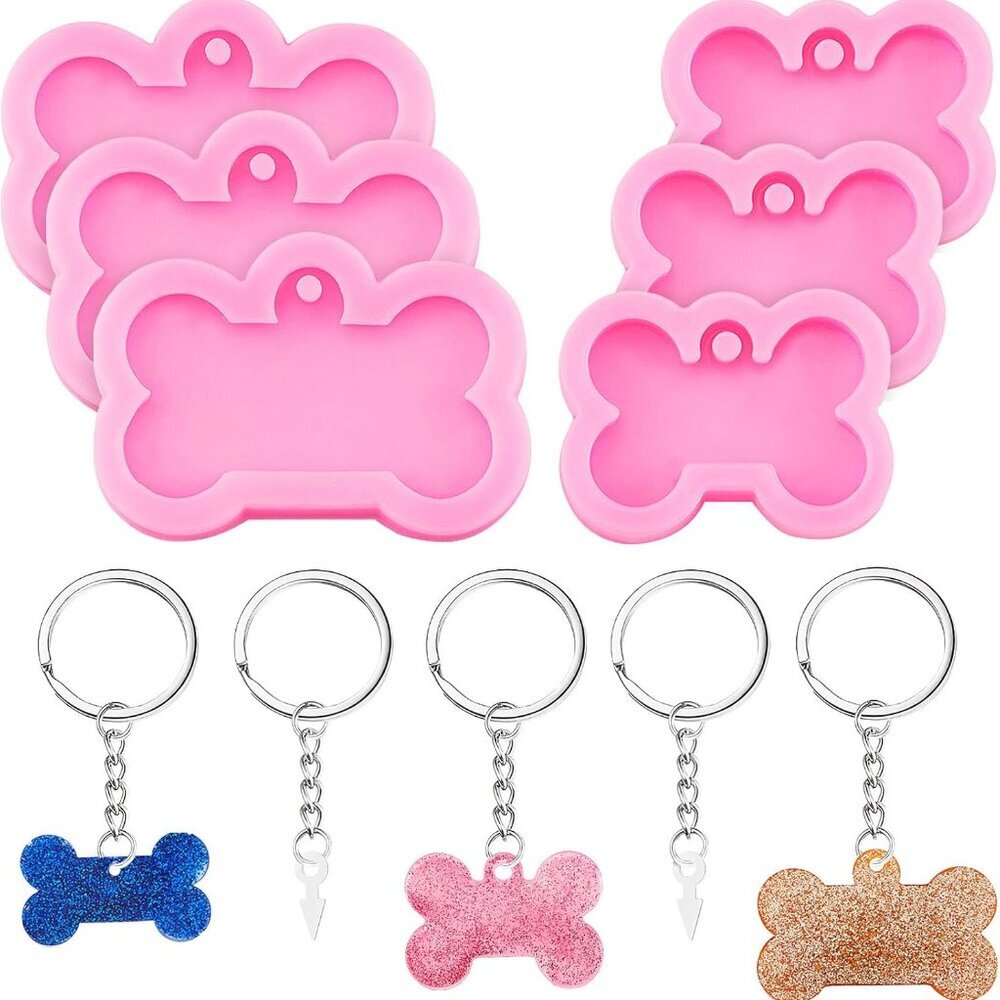 6 Pcs Resin Keychain Molds Silicone Dog Tags Mold Dog Bone Tag Keychain with 10